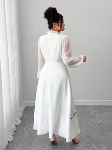 Elenzga Váy voan cổ cao tay dài đính nơ ruy băng thanh lịch - trắng - Xem 2