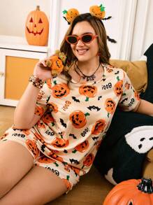Chillnights Conjunto de Pijama Curto com Estampa de Abóbora Fofa Plus Size para Mulheres, Pijama de Halloween Plus Size para Mulheres, Pijama de Halloween Plus Size, Conjunto de Pijama Plus Size, Shorts de Pijama de Halloween, Pijama de Outono Plus Size - Multicolorido - Visão 6