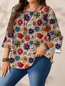 EMERY ROSE Camisa casual holgada de manga 3/4 con estampado floral tropical de estilo vintage elegante para mujer de talla grande, para festival de música campestre, otoño/invierno