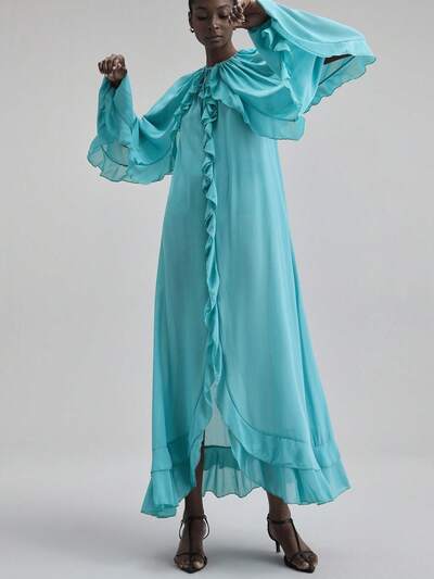 Women's 2 Pieces Tie Front Ruffle Hem Loose Chiffon Dress, Elegant Wrap Dress For Vacation, Casual, Party, Beach, Autumn/Winter