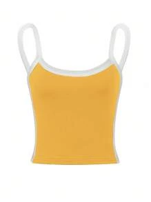 INAWLY Débardeur court ajusté décontracté à bloc de couleurs pour femmes, hauts à graphisme - Jaune citron - Voir 4