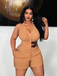 Slaydiva Veslaya Plus Size Women Halter Neck Low-Cut Vest & Shorts 2pcs Suit,Black And White,Summer,Classy,Night Out Club Two Piece Matching Curvy Outfit Set - Khaki - View 9