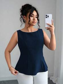 Elenzga Áo cánh không tay buộc eo hở lưng màu trơn cỡ lớn thời trang cho nữ - Màu xanh hải quân - Xem 7