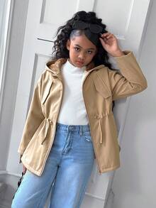 Áo khoác parka lông cừu có mũ trùm đầu kiểu dáng đô thị thường ngày dành cho bé gái - Màu be - Xem 1