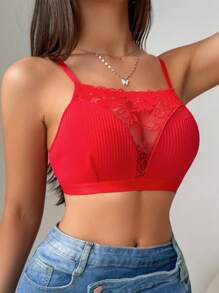 SHEIN Quần lót nữ thoải mái, có gân, họa tiết ren vá - Đỏ - Xem 4
