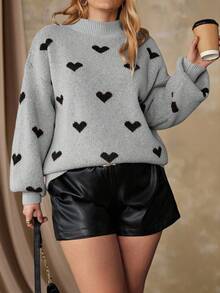 Vionelle Plus Heart Pattern Mock Neck Drop Shoulder Sweater, For Winter Knit Pullover Fall Autumn - Grey - View 4