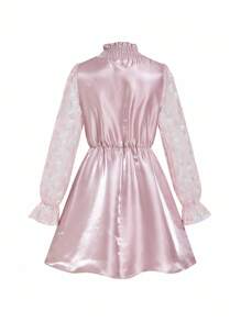 Ellevyn Robe courte élégante en jacquard rose à manches patchwork, convenant pour le port quotidien et pour de multiples occasions, automne - Rose bonbon - Voir 8