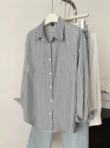 Elamini 休闲百搭简约条纹长袖衬衫 - 黑色 - 查看 4