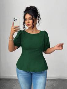 Elenzga 大码女式纯色泡泡袖短袖蝴蝶结露背优雅休闲衬衫，夏季 - 墨綠色 - 查看 4