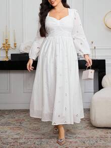 Modelyn Plus Size Women Hollow Embroidered Solid Color Slimming Elegant Dress Fall Cloth For Women - White - View 3