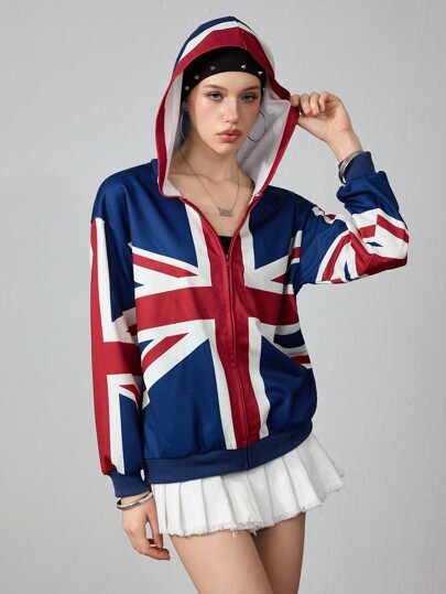 ROMWE Avant sweat-shirt à capuche décontracté à manches longues avec fermeture éclair et imprimé Union Jack pour femmes