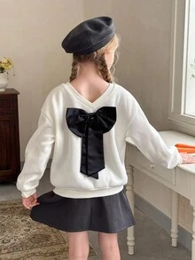 LMoss Kids LMoss 青少年女孩純色圓領衛衣，附3D蝴蝶結，冬季適用，長袖上衣，秋冬套裝，長袖，秋季 - 米色 - 查看 5