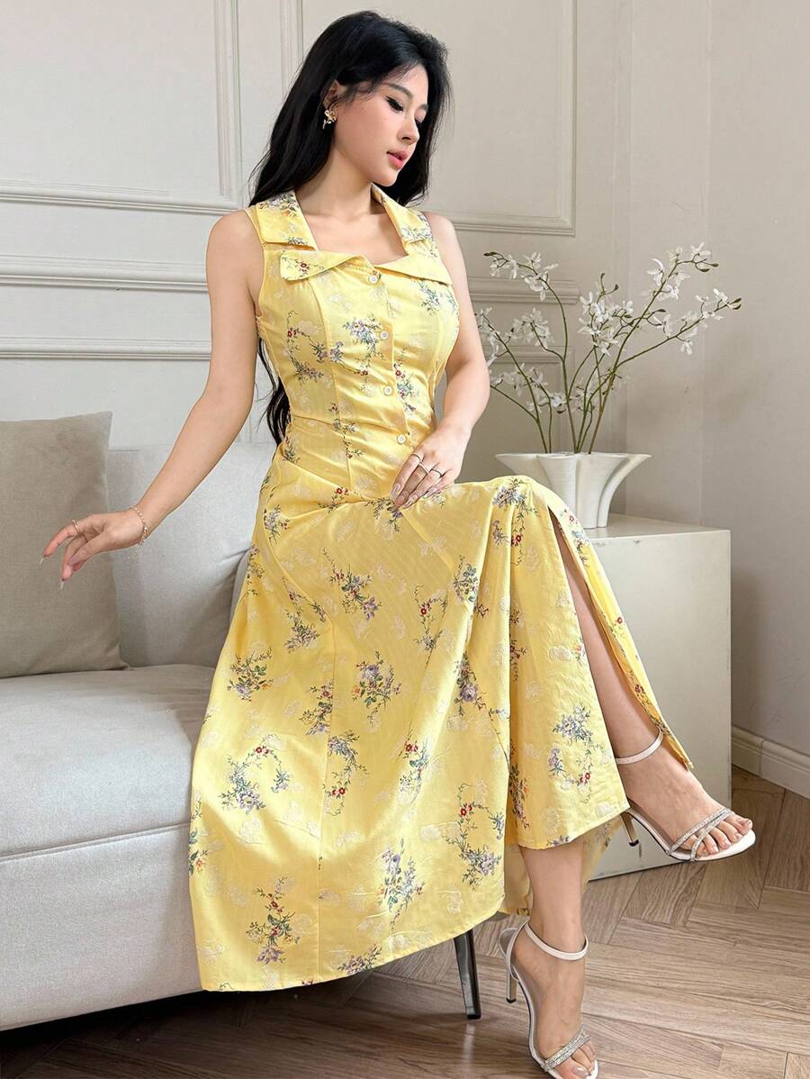 Modelyn 时尚浪漫的女士花卉印花长裙，采用特殊面料制成 - 黃色 - 查看 1