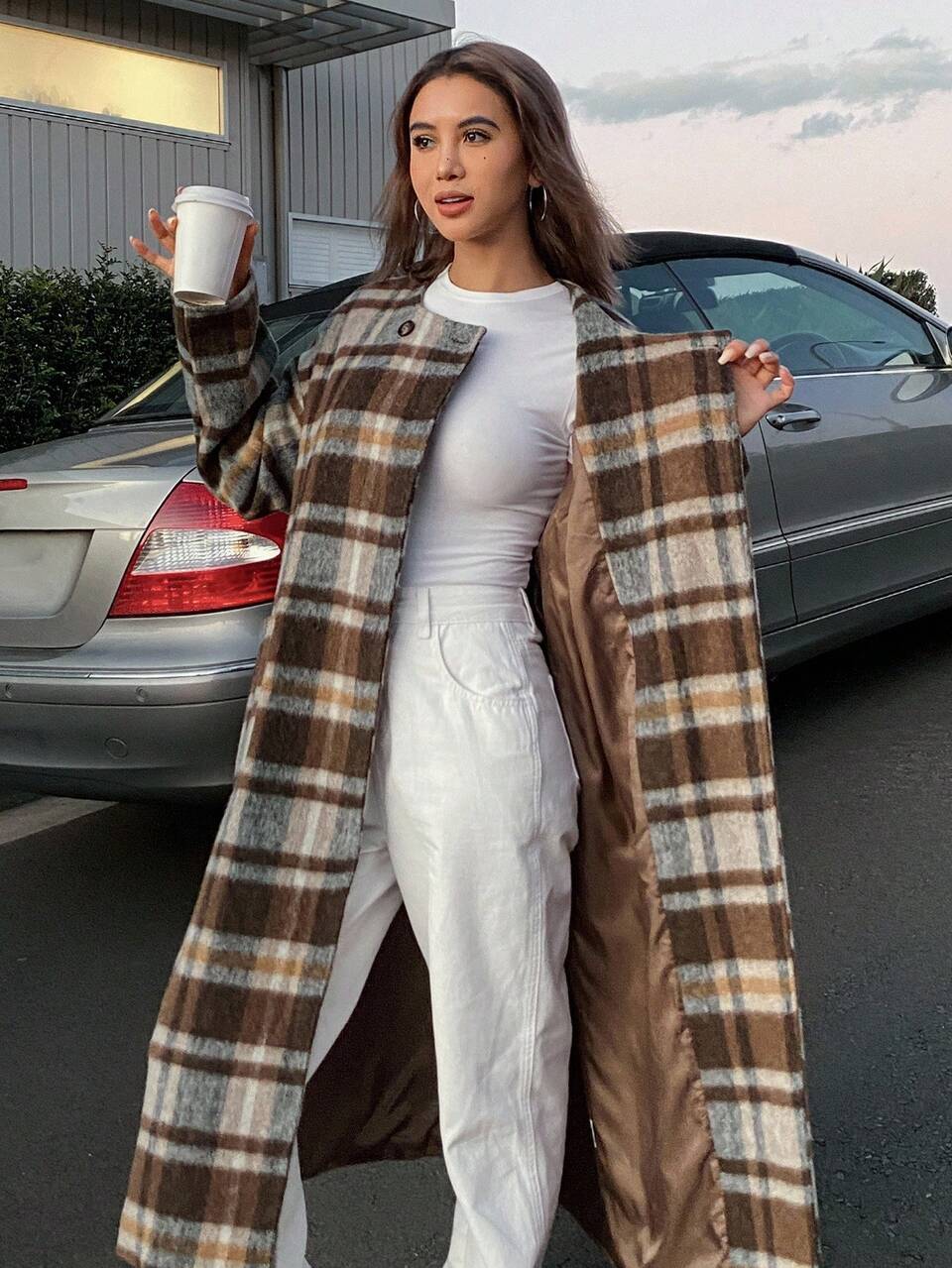 Women's Plaid Woolen Coat, Loose Fit, Long Length, Tie Waist, Slimming, Suitable For Halloween, Winter