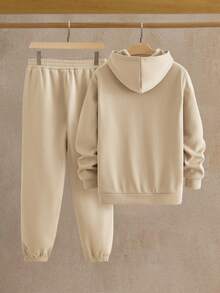 Manfinity NXTstreet 男士休闲针织保暖连帽衫套装（2件装），适合日常穿着，秋冬季男士连帽衫套装，男士运动套装，米色男士服装，男士休闲套装，男士街头服饰套装 - 卡其色 - 查看 2