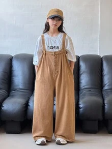 SHEIN Tween Girls Y2K Khaki Washed Oversize Baggy Wide Leg Denim Jumpsuit,Back-To-School Streetwear,Summer School Outfit,Autumn Winter Camel Casual Jeans - Khaki - View 4