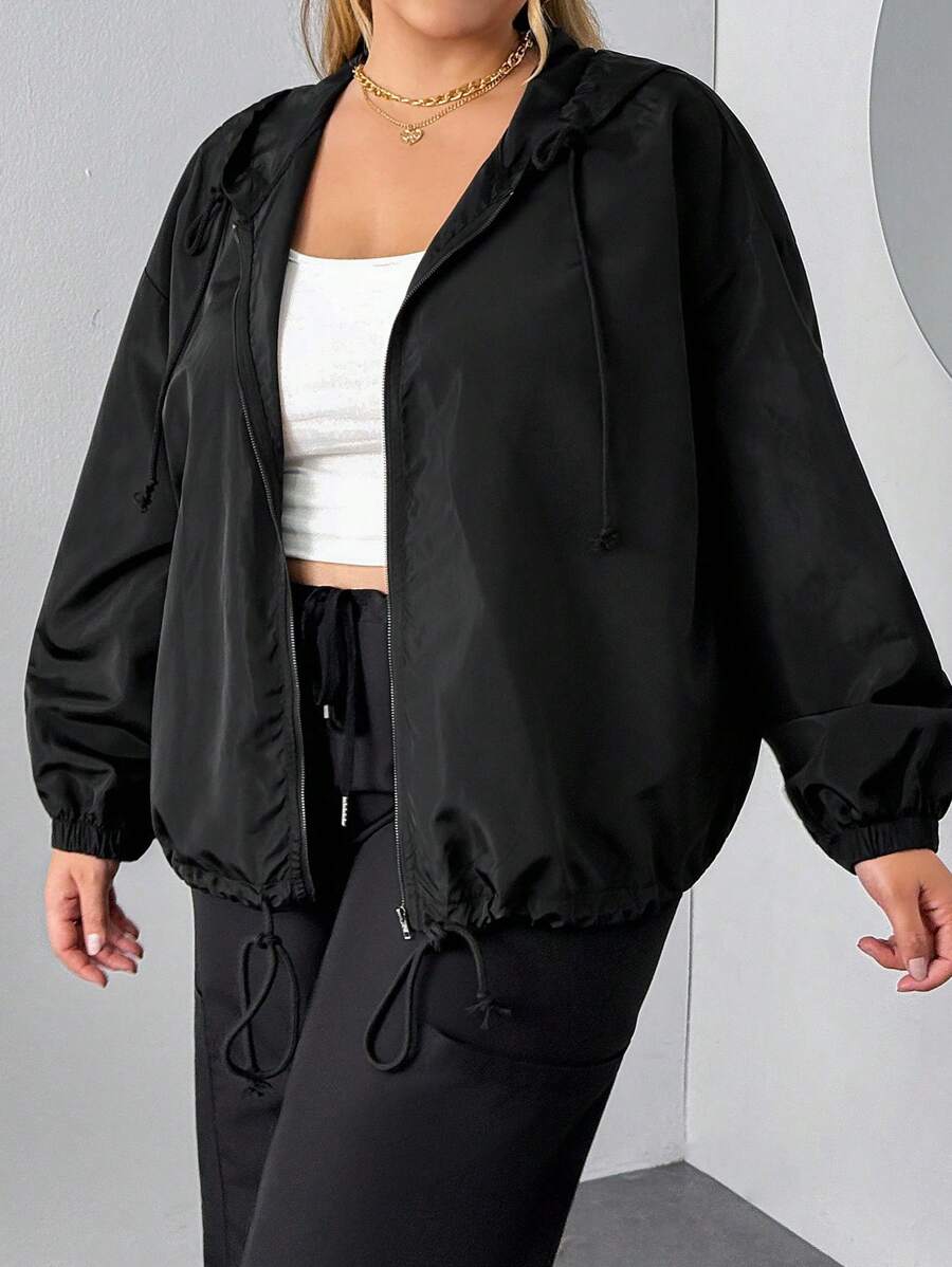 SHEIN CURVE+ 加大码黑色梭织风衣，前开襟，冬季秋季/秋季/冬季 - 黑色 - 查看 1