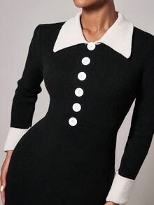 COSMINA 女士优雅拼色鱼尾中长连衣裙，秋冬 - 黑與白 - 查看 7