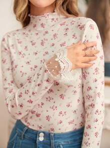 Poéselle Ditsy Floral Embroidered Mesh Sleeve Cuffs T-Shirt - Pink - View 4