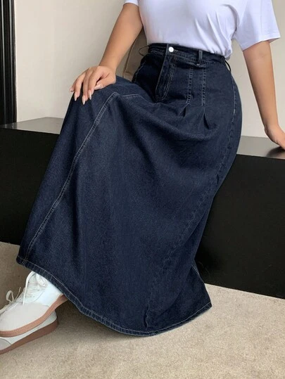 Dazy Plus Plus Size Women Dark Wash Denim A-Line Skirt, Autumn