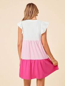 Coeurva Vestido informal de mujer con parches tejidos, cuello redondo, manga corta y bloque de color para primavera/verano - Rosa - Ver 8
