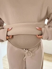 SHEIN 两件套孕妇保暖连帽衫和裤子套装，秋冬 - 卡其色 - 查看 6