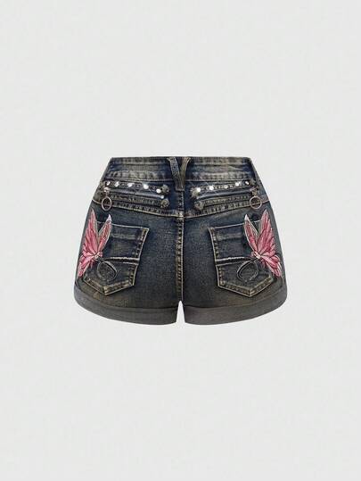 Fairycore Y2K Butterfly Embroidery Distressed Washed Low Waist Sexy Skinny Denim Shorts