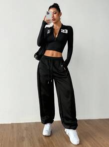 SHEIN Sports 女士休闲户外短袖修身运动 Polo 衫 - 黑色 - 查看 2
