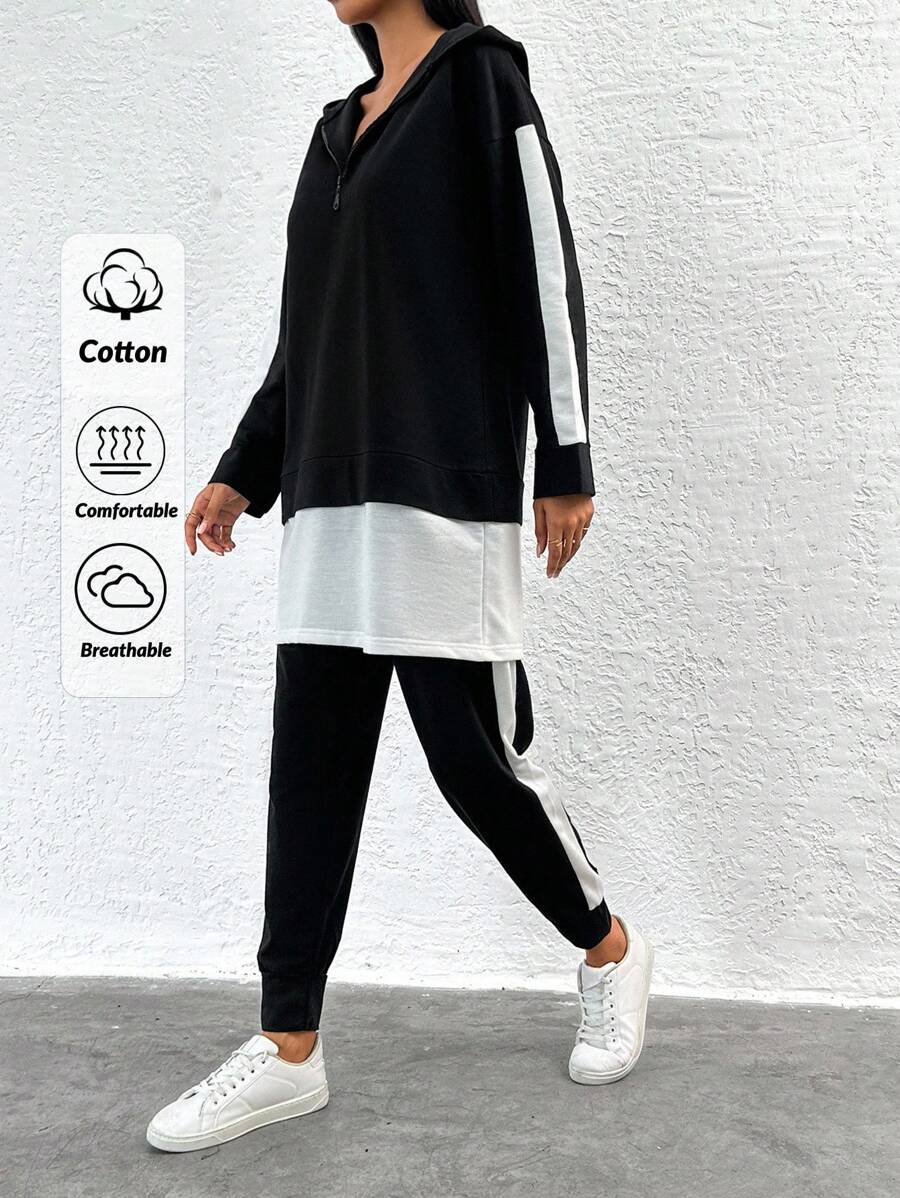 RueChic Women's Zip-Up Hooded Long Sleeve Long Top & Drawstring Waist Loose 2 Pieces Set - Black and White - View 1