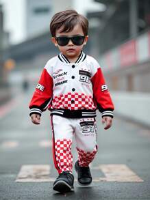 SHEIN Bộ 2 món/Bộ quần áo in chữ xe đua Y2K Streetwear dành cho bé trai, tay dài cài nút, sọc đen trắng, cổ bẻ, có gân, họa tiết đối xứng, thích hợp cho mùa thu/đông, tuyệt vời cho các môn thể thao ngoài trời, thời trang dạo phố, tiệc tùng hoặc mặc hàng ngày, áo khoác biker cho bé, bộ đồ đua xe, áo khoác thể thao cho trẻ sơ sinh, quần thể thao cho bé, 6 tháng-3 tuổi - Nhiều màu - Xem 1