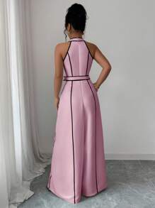 Elenzga Mono elegante y casual para dama de oficina o maestra, con diseño de alta gama, de color blanco con bloques de color negro, estampado digital, cierre de cremallera en la cintura, pantalón de pierna ancha y larga, estilo retro de rayas francesas, escote de halter y cuello en V. - Rosa - Ver 2