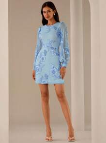 Lilora Vestido Elegante de Manga Longa com Gola Redonda, Jacquard Floral em Tela para Mulheres - Azul - Visão 8