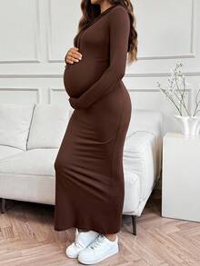 SHEIN Maternity Solid Color Long Sleeve Drawstring Hooded Side Slit Hem Fitted Casual Dress Brown Long Brown Dress Pregnant Dress Maternity Hoodie Dress Fall Women Clothes Brown Brown Brown  Maternity Dress Brown Maternity Dress  Fall  Brown  Fall Clothes For Women - Brown - View 6