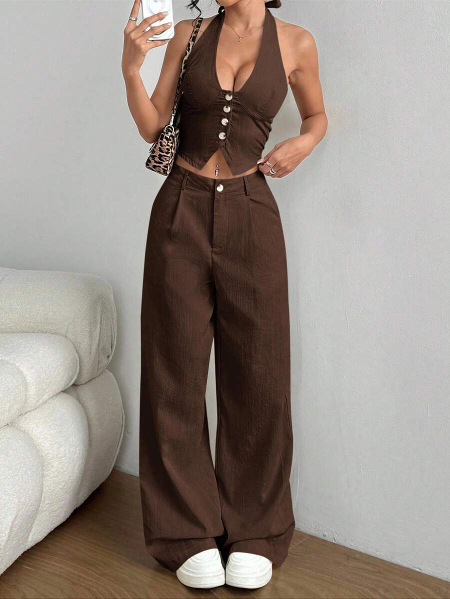 SHEIN Unity 2件套露背背心和直筒休闲裤 - 棕色 - 查看 1