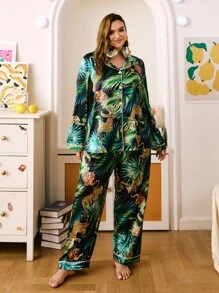 Chillnights Plus Size Women Leopard & Tropical Print Long Sleeve Shirt & Pants Pajama Set, Fall Winter Clothes, Cozy Outfits - Multicolor - View 3