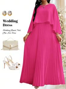 Fleurora 加大码纯色褶皱圆领优雅长袖连衣裙 - 玫紅色 - 查看 1