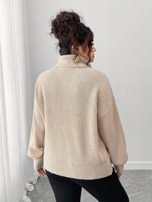 Elenzga Plus Size Women's Solid Color High Neck Dropped Shoulder Long Sleeve Casual Loose Sweater Fall Winter Cloth For Women Autumn - Apricot - View 2