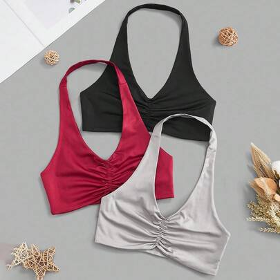 Set di 3 pezzi di top sportivi coordinati con arricciature, reggiseno sportivo a fascia, top da allenamento a fascia, reggiseno sportivo a scollo a V,
