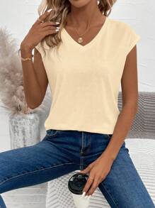 EMERY ROSE 女士纯色V领盖袖休闲宽松T恤，夏季 - 杏色 - 查看 1