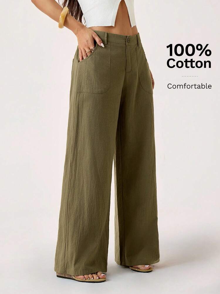 SHEIN PETITE Plain Green Women's Pants With Relaxed Straight-Leg Design Women Wide Leg Pants Loose Pants For Women Linen Pants For Women Women Summer Pants Cotton Pants For Women - Army Green - View 1
