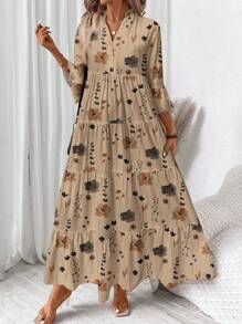 SHEIN LUNE 优雅休闲复古花卉图案女式 V 领抽绳腰长袖宽松长裙，适合春夏季，加大码，适合秋冬季 - 彩色 - 查看 1