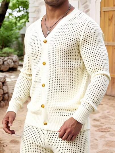 Manfinity Homme Men's Solid Color Hollow Out Long Sleeve Single-Breasted Knit Cardigan And Knit Shorts 2-Piece Casual Set