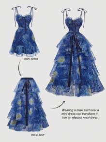 SHEIN MOD Blue Van Gogh Starry Sky Painting Print Long Dress For Women, Party Dress, Multipiece Dress Set, Floral Dress For Women, Elegant Dresses For Women, Three Wear Dress, Elegant Dresses For Party, Beach Dress, Holiday Dresses For Women - Blue - View 2