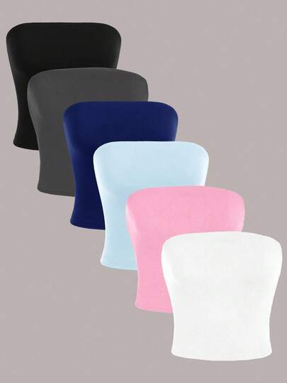 SHEIN Essnce 6件套休闲纯色百搭短款吊带背心，适合夏季