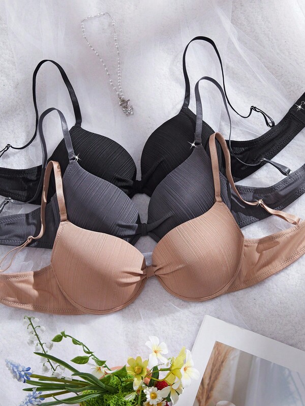 SHEIN 3 件套女士简约无钢圈文胸，休闲提升文胸
