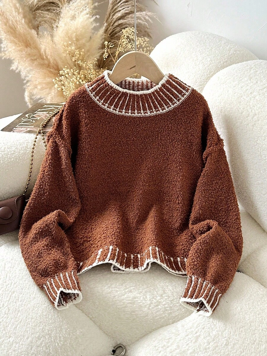 Sparklyn 1pc Girls' Contrast Trim Turtleneck Lantern Sleeve Short Knit Pullover Sweater, Versatile Casual Wear For Autumn/Winter Teen Girl Sweater Brown Sweater Fall Sweaters Tween Sweater Kids Sweater Fall Sweaters Kids Sweater For Tweens Kids Brown Sweater - Brown - View 1