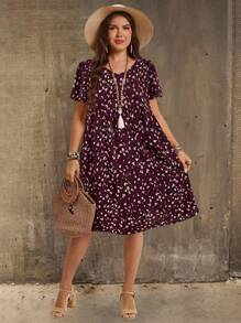 EMERY ROSE Đầm thường ngày tay ngắn cổ chữ V cỡ lớn, trang phục du lịch đồng quê cho nữ, đơn giản và thời trang để mặc hàng ngày, áo mùa hè cho nữ, trang phục mùa hè cho nữ - Đỏ - Xem 4
