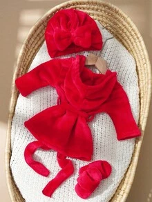 SHEIN Roupão para fotografia de recém-nascidos com turbante combinando, chapéu e mini chinelos, roupas para ensaio fotográfico infantil, bordados com amor, acessórios para recém-nascidos - Vermelho - Ver 3