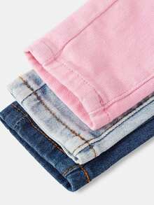 SHEIN 3件套女童Y2K浅蓝、藏蓝、粉色牛仔打底裤，秋季儿童休闲舒适服，舒适、休闲又时尚的度假装 - 彩色 - 查看 10