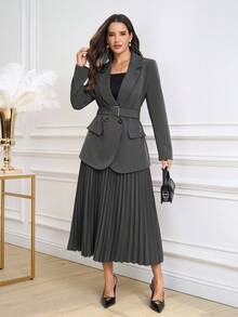 Ellevyn Bộ vest blazer thanh lịch và chân váy xếp ly cho nữ, phù hợp cho việc đi lại hàng ngày, hoạt động ngoài trời và nhiều dịp khác nhau, mùa thu - Xám - Xem 9